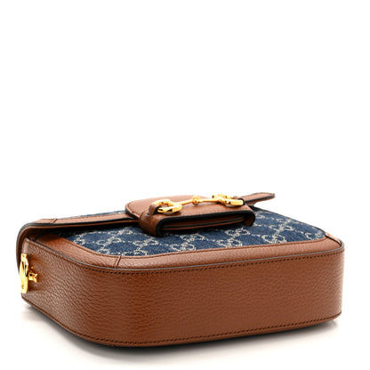 Gucci New Denim GG Monogram Dollar Calfskin Web Mini Horsebit 1955 Shoulder Bag Blue Tea Cuir Epilog 4 of 10