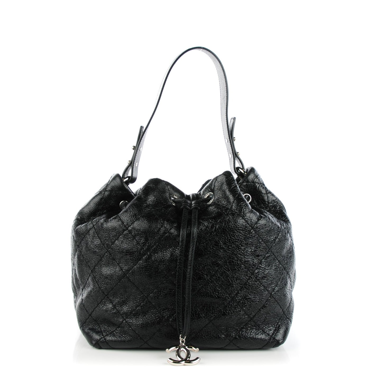 Glazed Calfskin On The Road Drawstring Tote Black