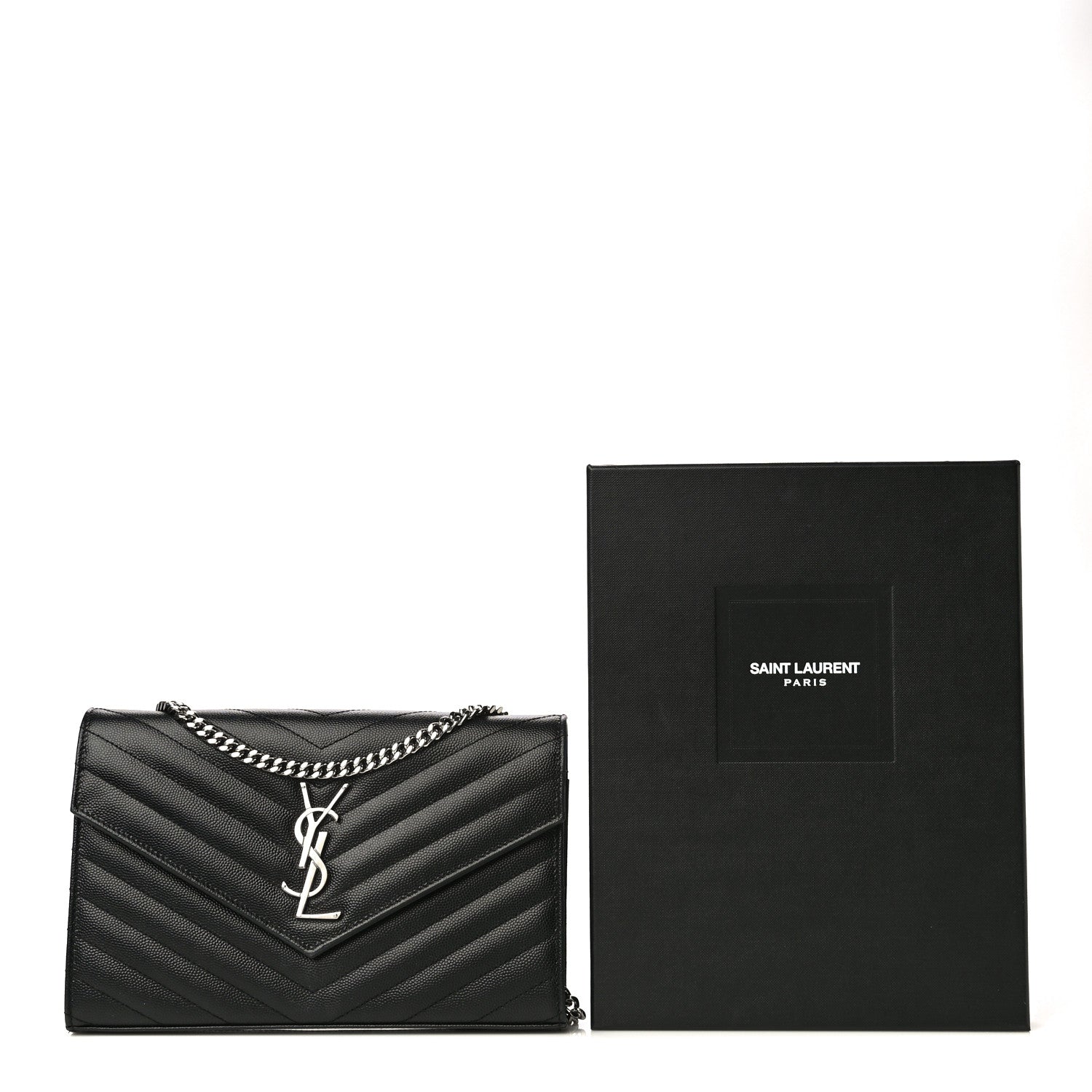 Saint Laurent Grain De Poudre Matelasse Chevron Monogram Chain Wallet Black 21 of 21