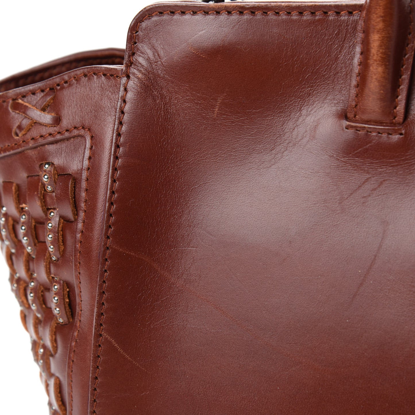 Calfskin Studded Woven Baby Monogram Downtown Cabas Brown