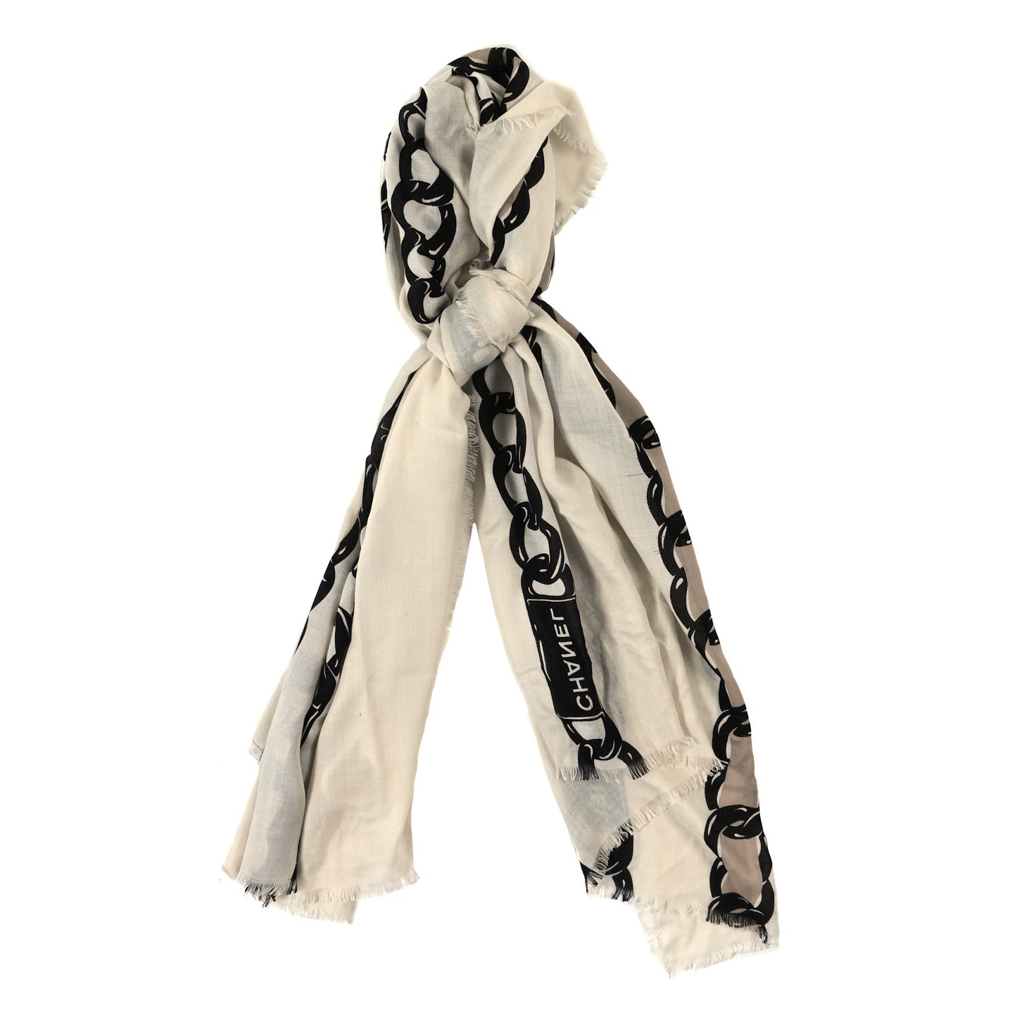 Cashmere Silk CC Chain Scarf White Black Multicolor