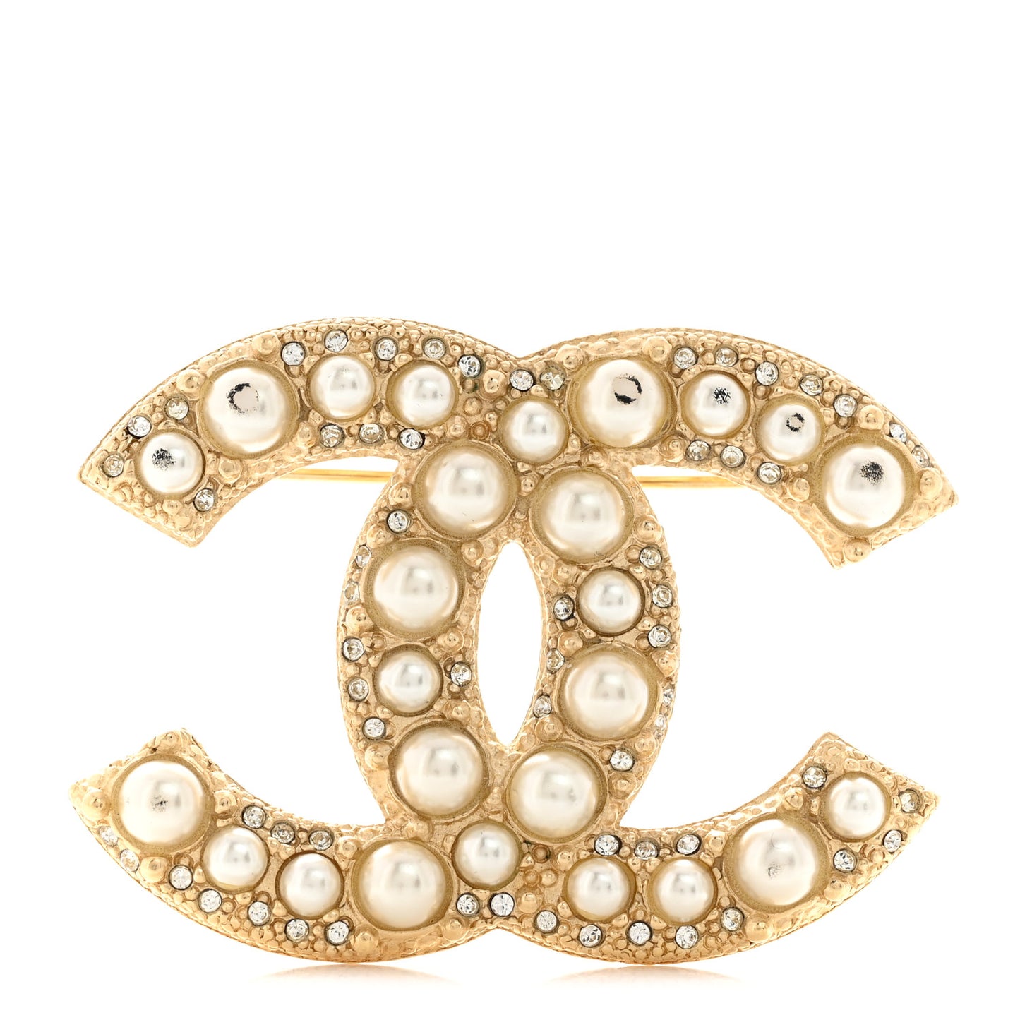 Metal Crystal Graduated Pearl CC Brooch Gold