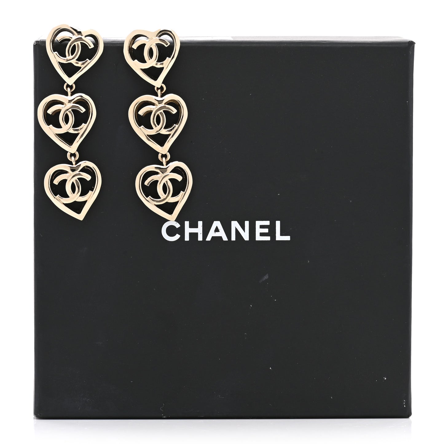 Metal CC Triple Heart Drop Earrings Gold
