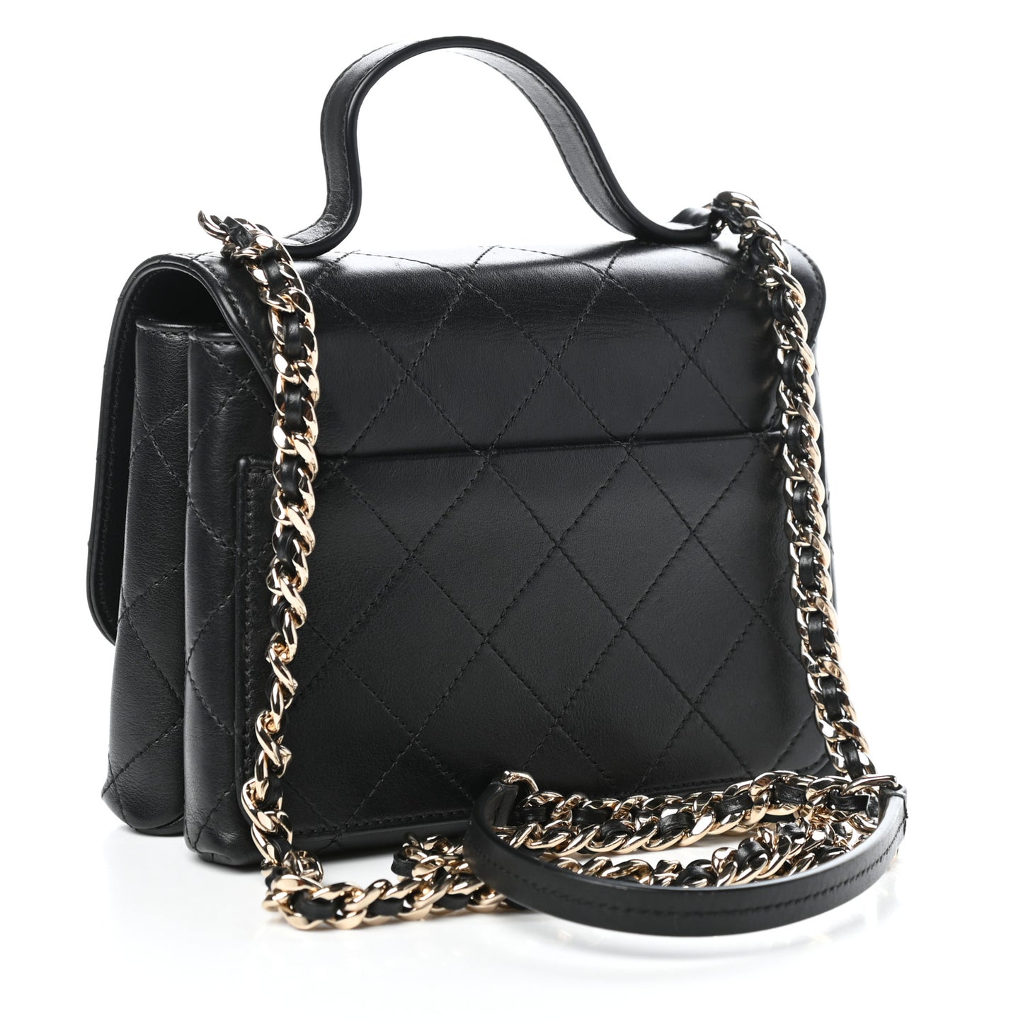 Calfskin Quilted Small Double Pocket Top Handle Flap Black