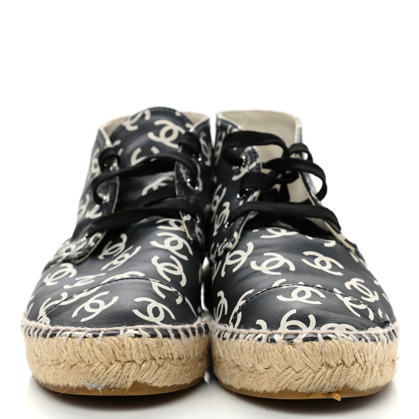 Lambskin Printed CC Lace Up Espadrilles 36 Black White