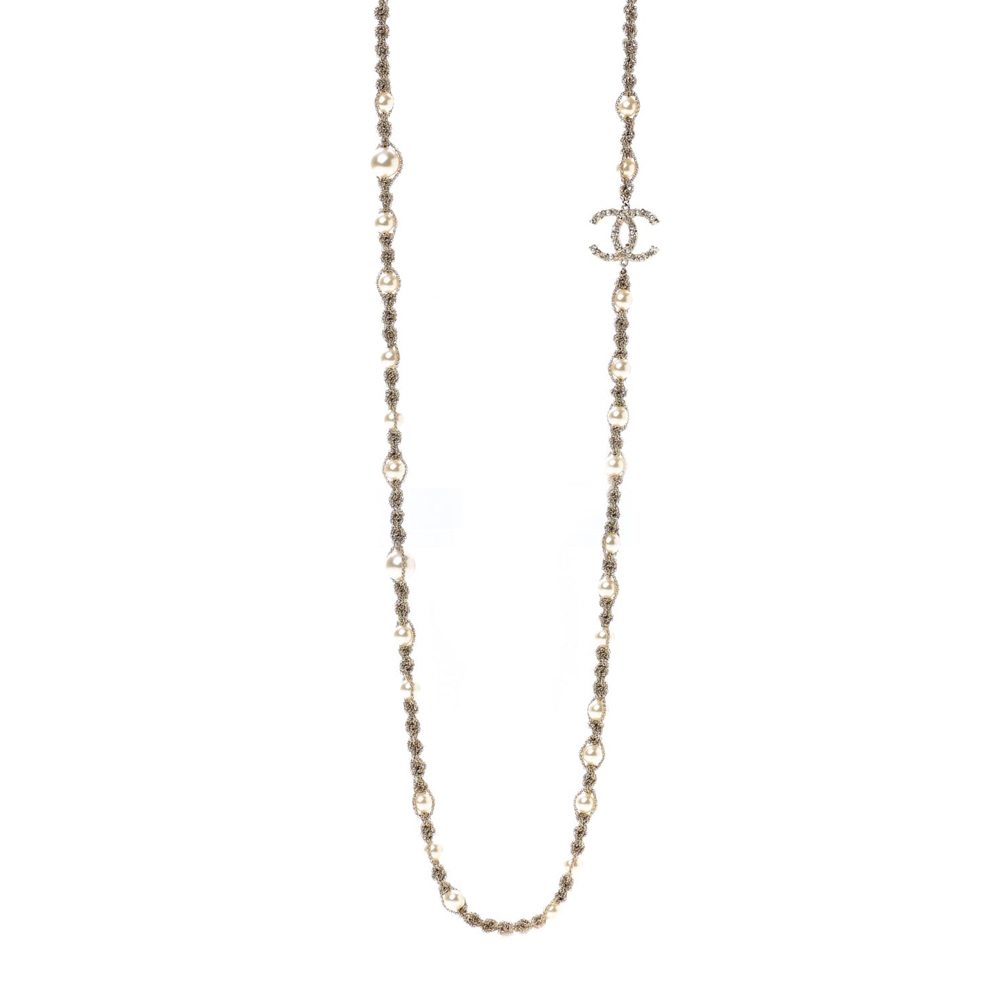 Pearl Crystal CC Chain Long Necklace Gold