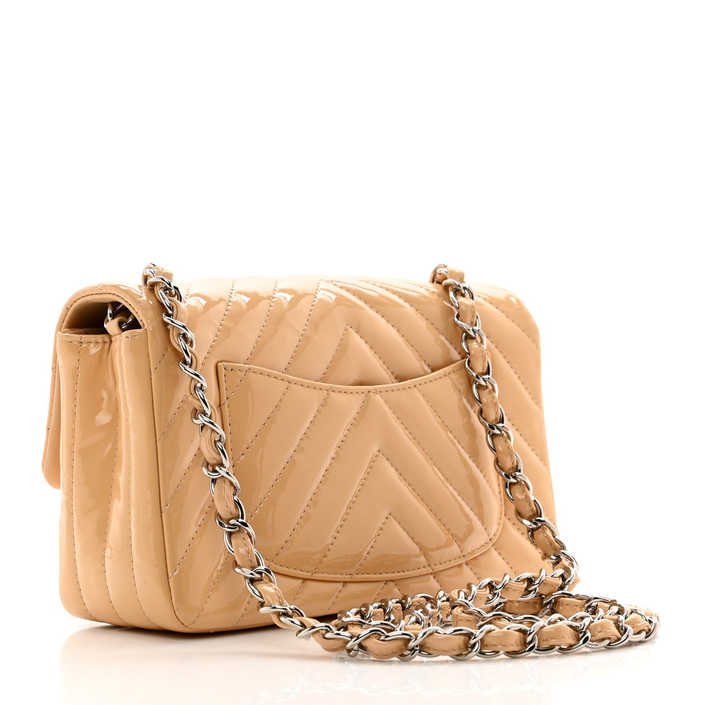 Patent Chevron Quilted Mini Rectangular Flap Beige