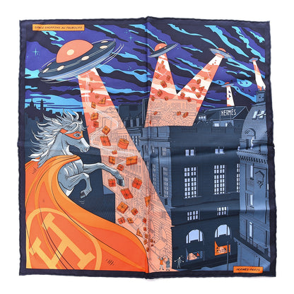 Hermes Silk Space Shopping Au Faubourg Pocket Square Marine Orange Violet 1 of 6