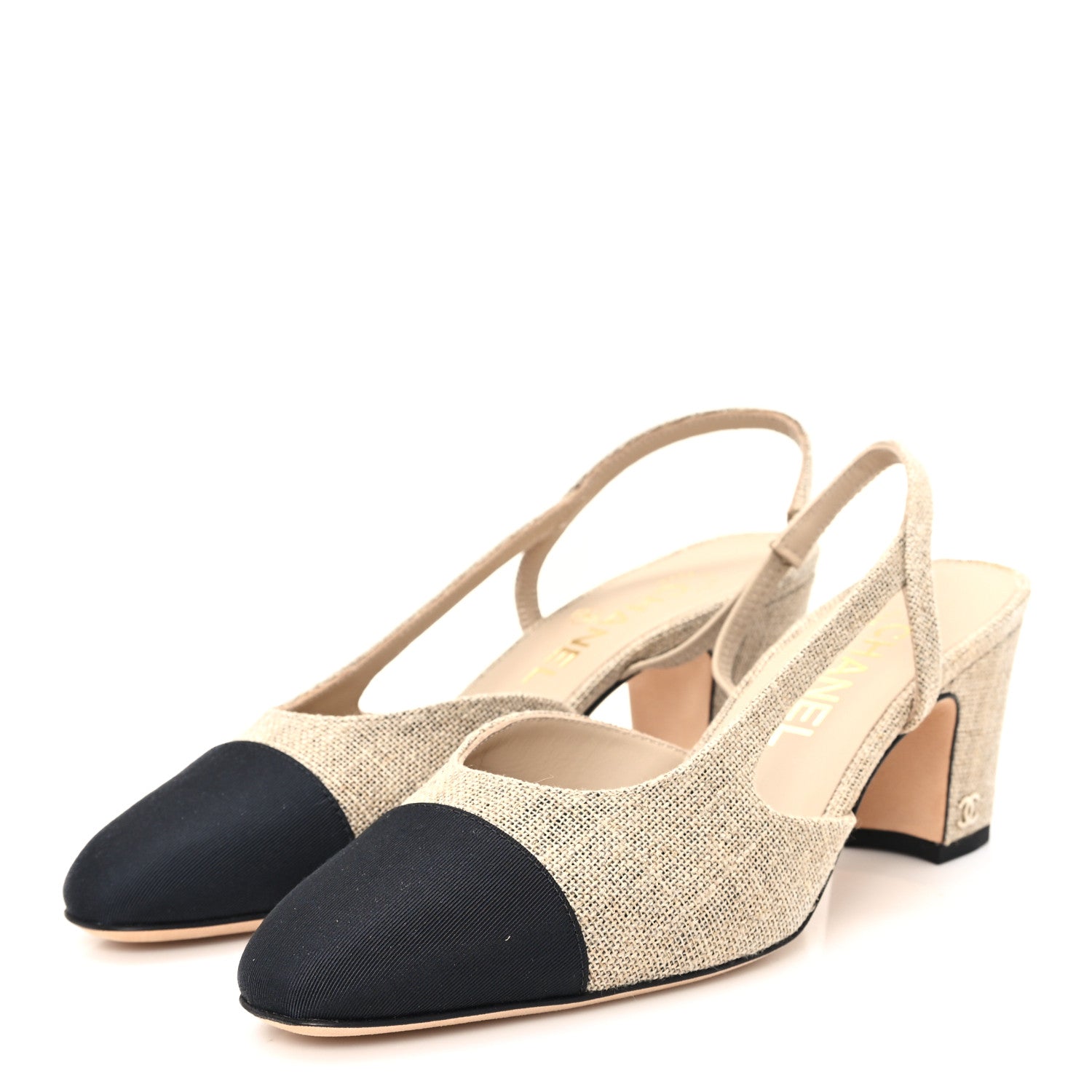 Chanel Fabric Grosgrain Cap Toe CC Slingback Pumps 37 Dark Beige Black 4 of 8