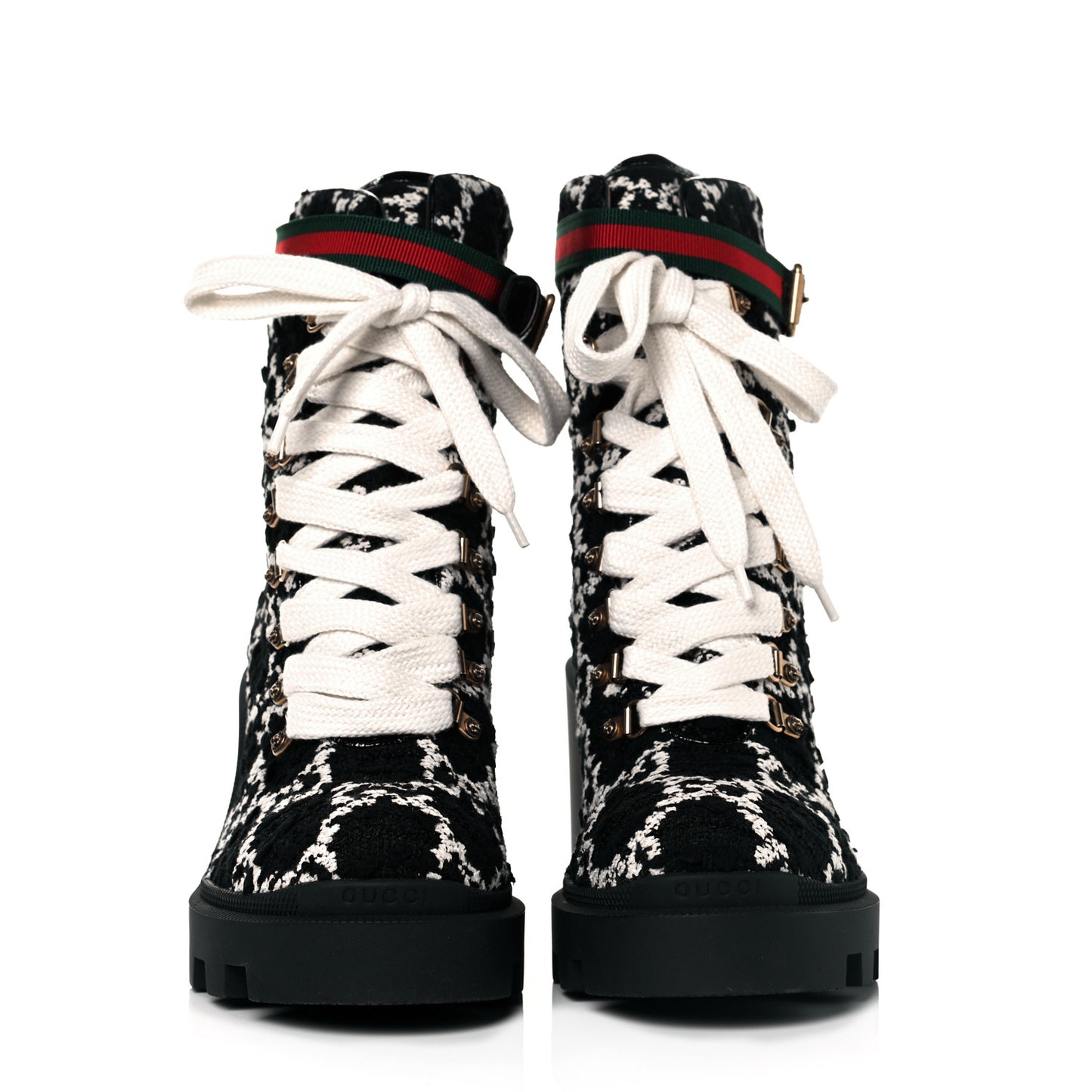 Tweed GG Monogram Lace Up Combat Ankle Boots 42 Black