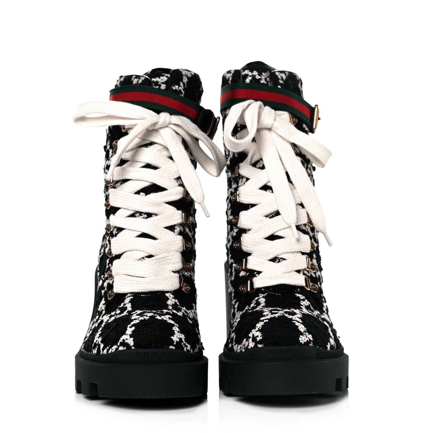 Gucci Tweed GG Monogram Lace Up Combat Ankle Boots 42 Black 2 of 9
