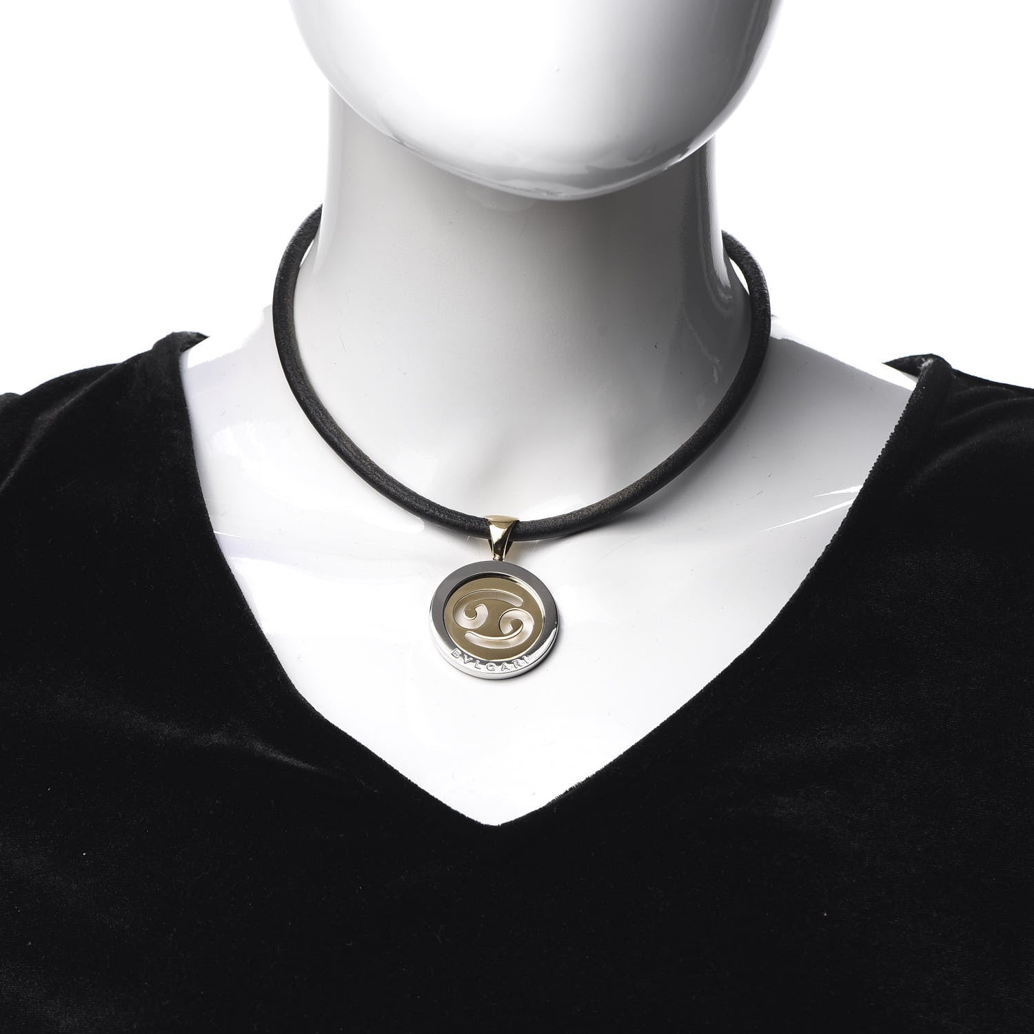 Bulgari 18K Yellow Gold Stainless Steel Calfskin Tondo Cancer Zodiac Pendant Necklace 2 of 4