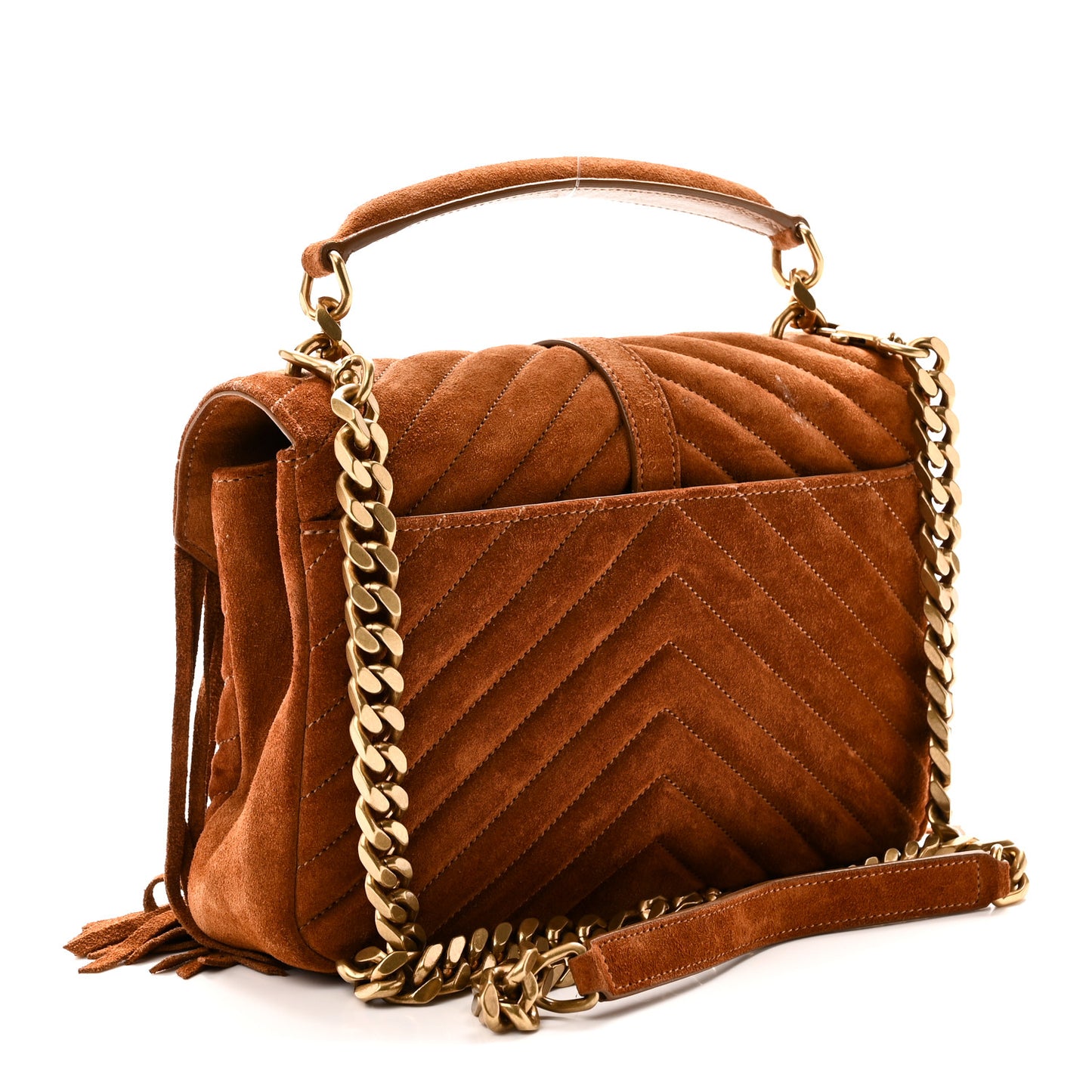 Suede Matelasse Chevron Fringe Monogram Medium College Bag Cinnamon