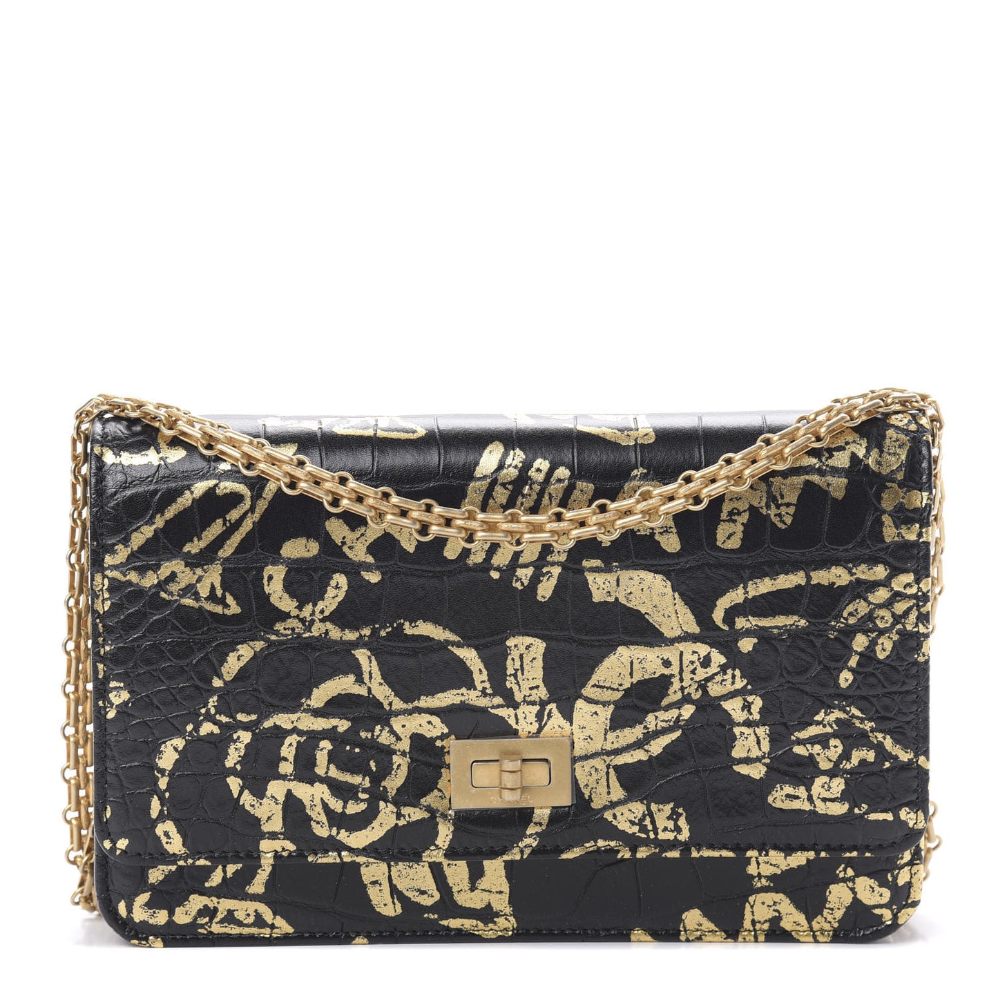 Calfskin Crocodile Embossed Graffiti 2.55 Cocodile Reissue Wallet On Chain WOC Black Gold