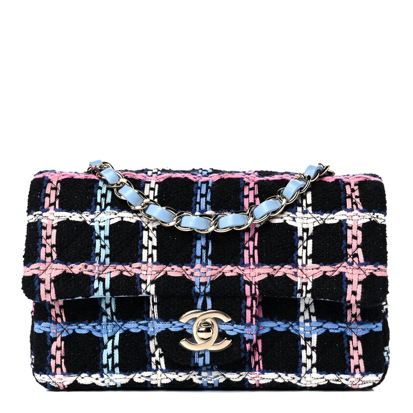 Tweed Quilted Mini Rectangular Flap Black Pink Blue Ecru