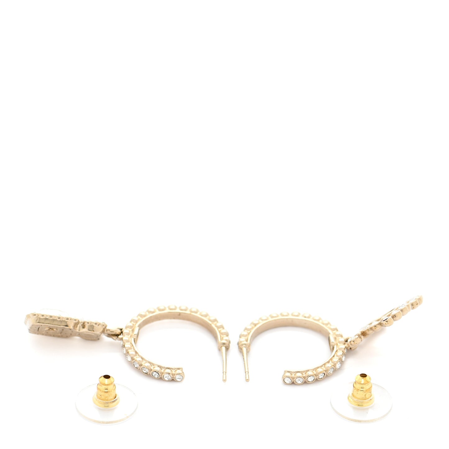 Crystal Pearl CC Perfume Bottle Drop Hoop Earrings Gold