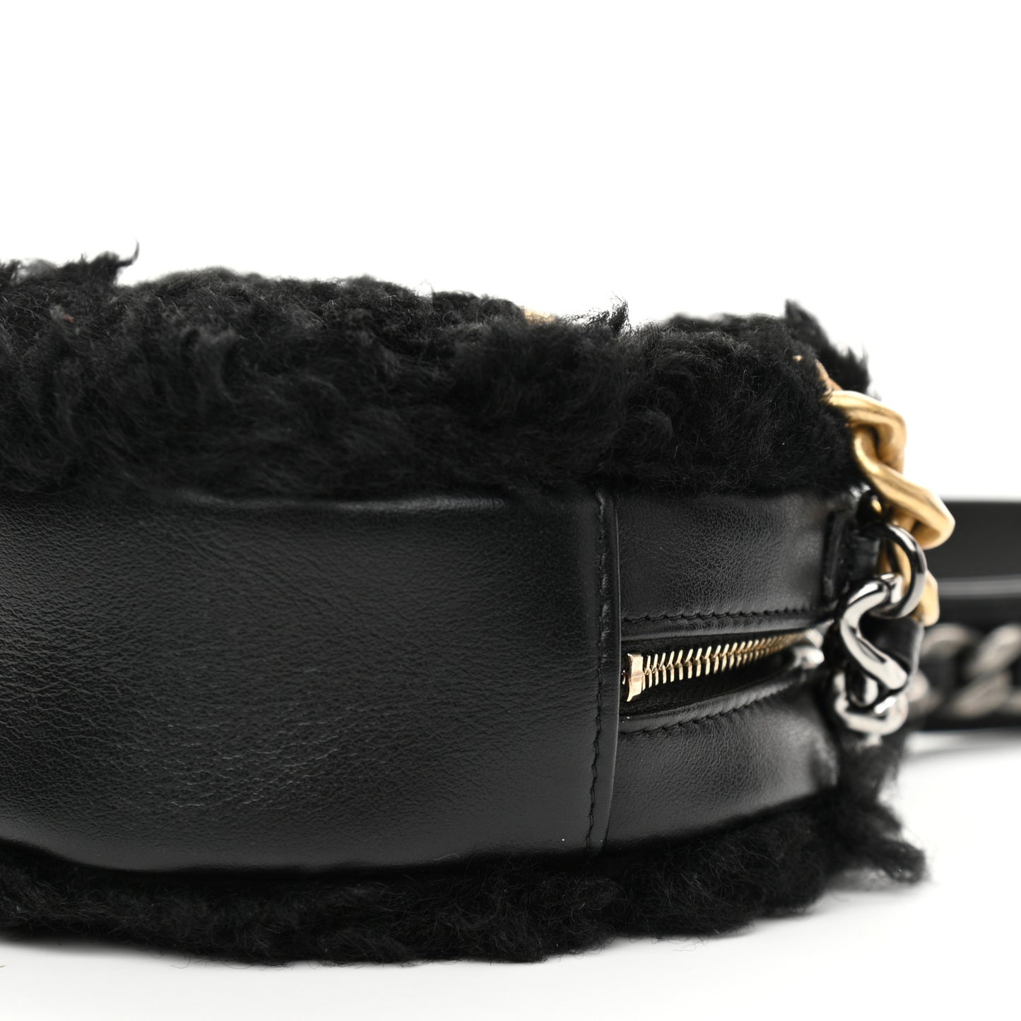 Shearling Sheepskin Chanel 19 Round Clutch With Chain Black