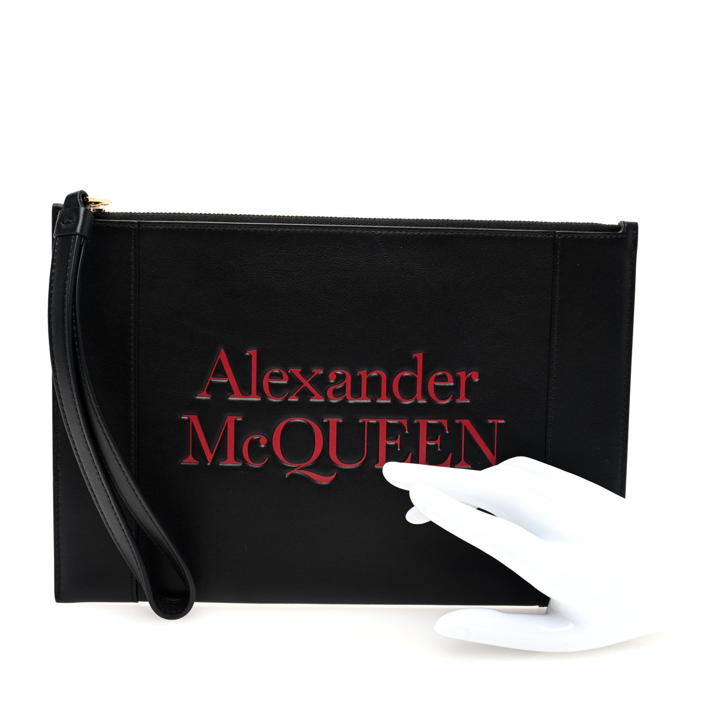 Calfskin Logo Zip Wristlet Pouch Black Deep Red