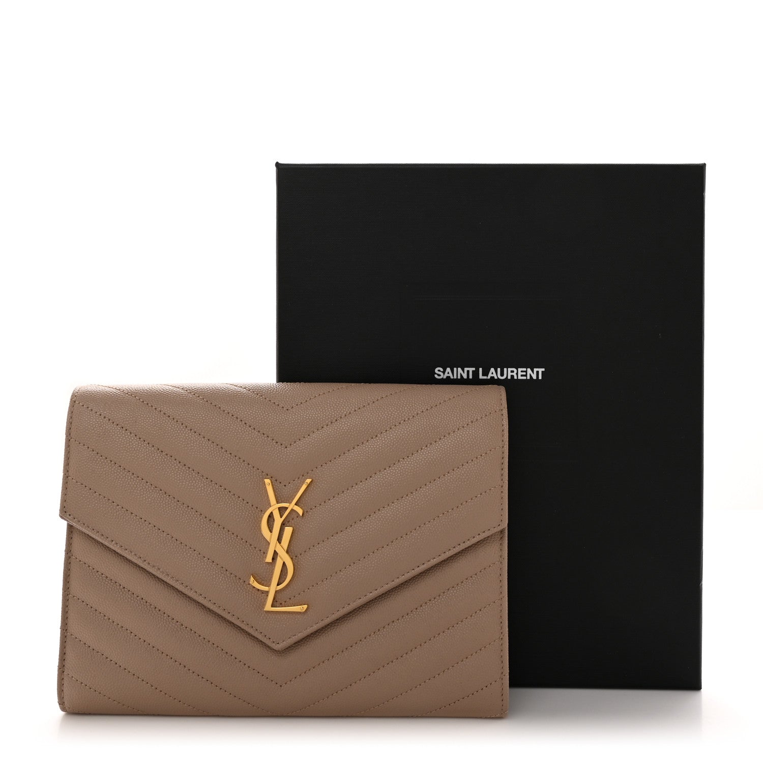 Saint Laurent Grain De Poudre Matelasse Chevron Monogram Envelope Clutch Dark Beige 8 of 8