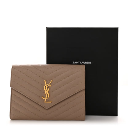 Saint Laurent Grain De Poudre Matelasse Chevron Monogram Envelope Clutch Dark Beige 8 of 8