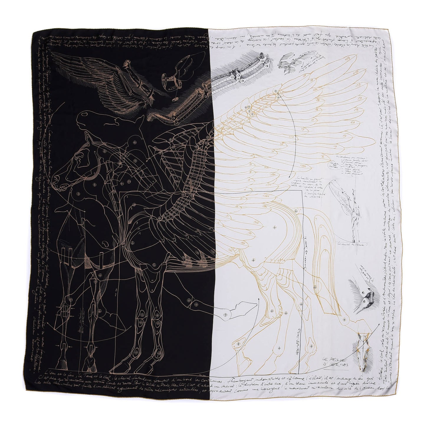Silk Le Pegase d'Hermes Cut Wash 140 Scarf Black White Or