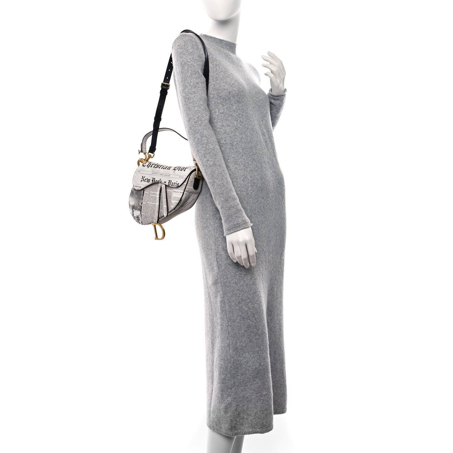 Calfskin Newspaper Printed Saddle Bag With Strap Black White