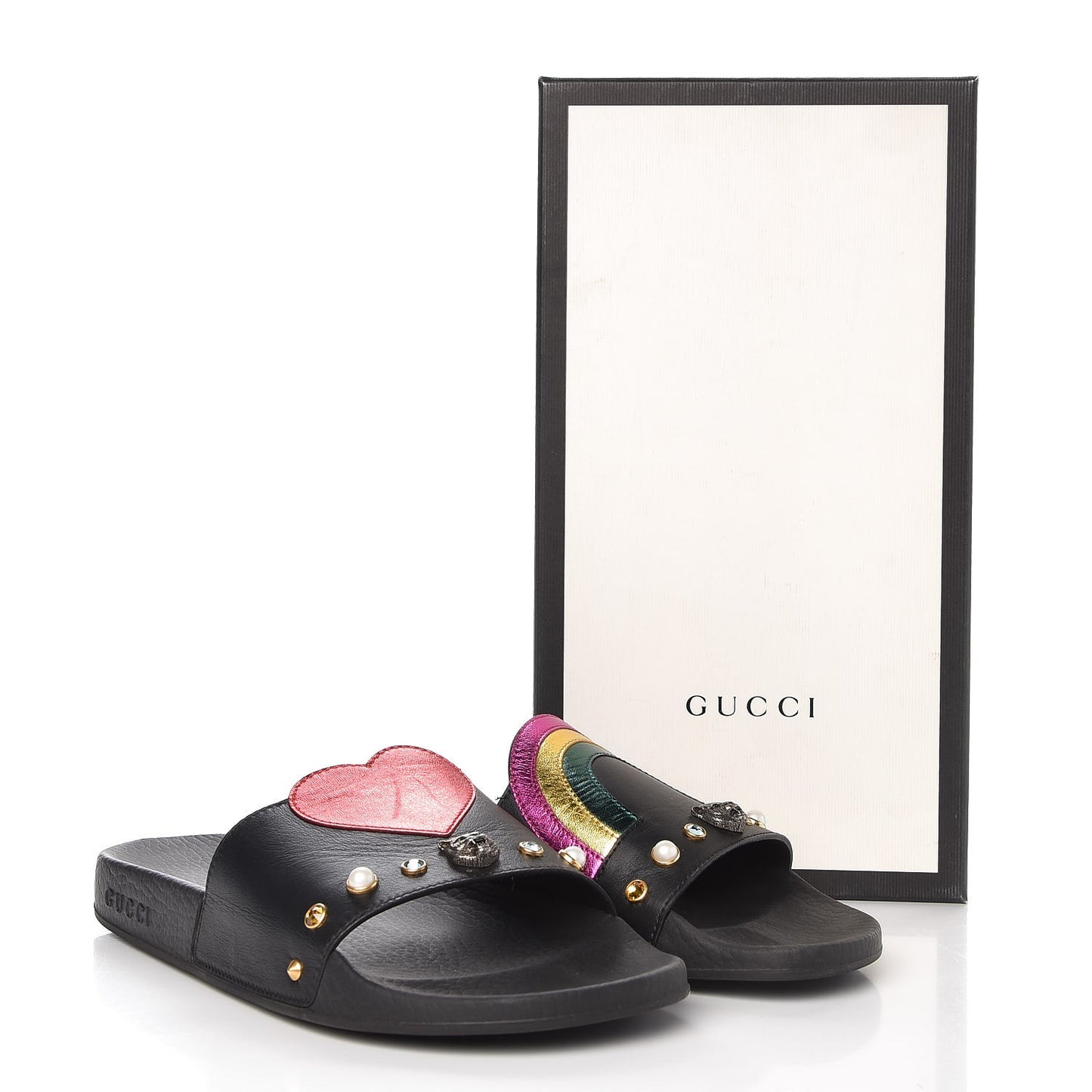 Calfskin Rainbow Heart Pursuit Slide Sandals 39 Black