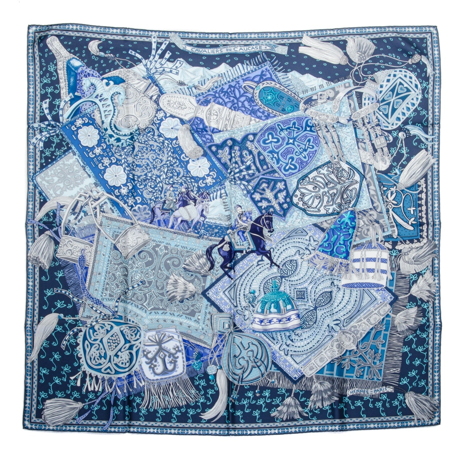 Hermes Silk Cavaliers du Caucase Scarf 90 Marine Gris Turquoise 2 of 5
