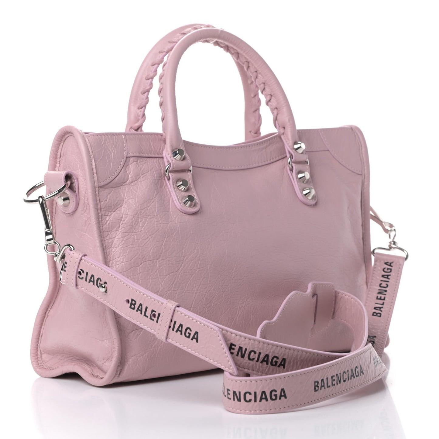 Agneau Classic Silver Hardware S City Logo Strap Pale Rose Black