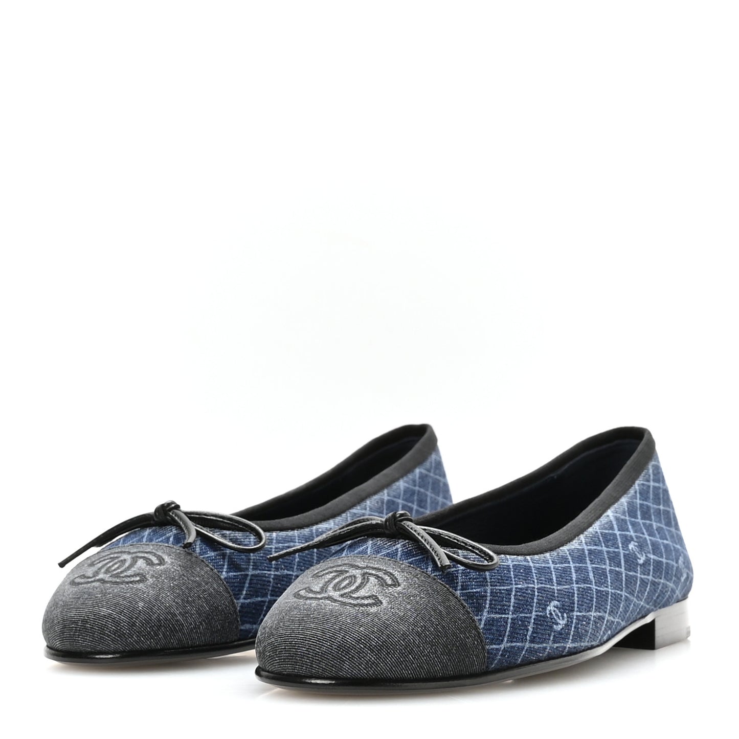 Denim Printed Quilt CC Cap Toe Ballerina Flats 37 Navy Blue Dark Grey