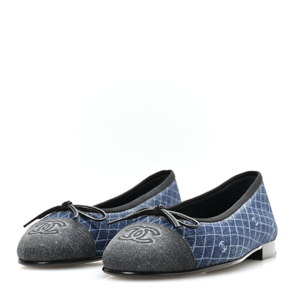 Chanel Denim Printed Quilt CC Cap Toe Ballerina Flats 37 Navy Blue Dark Grey 4 of 9