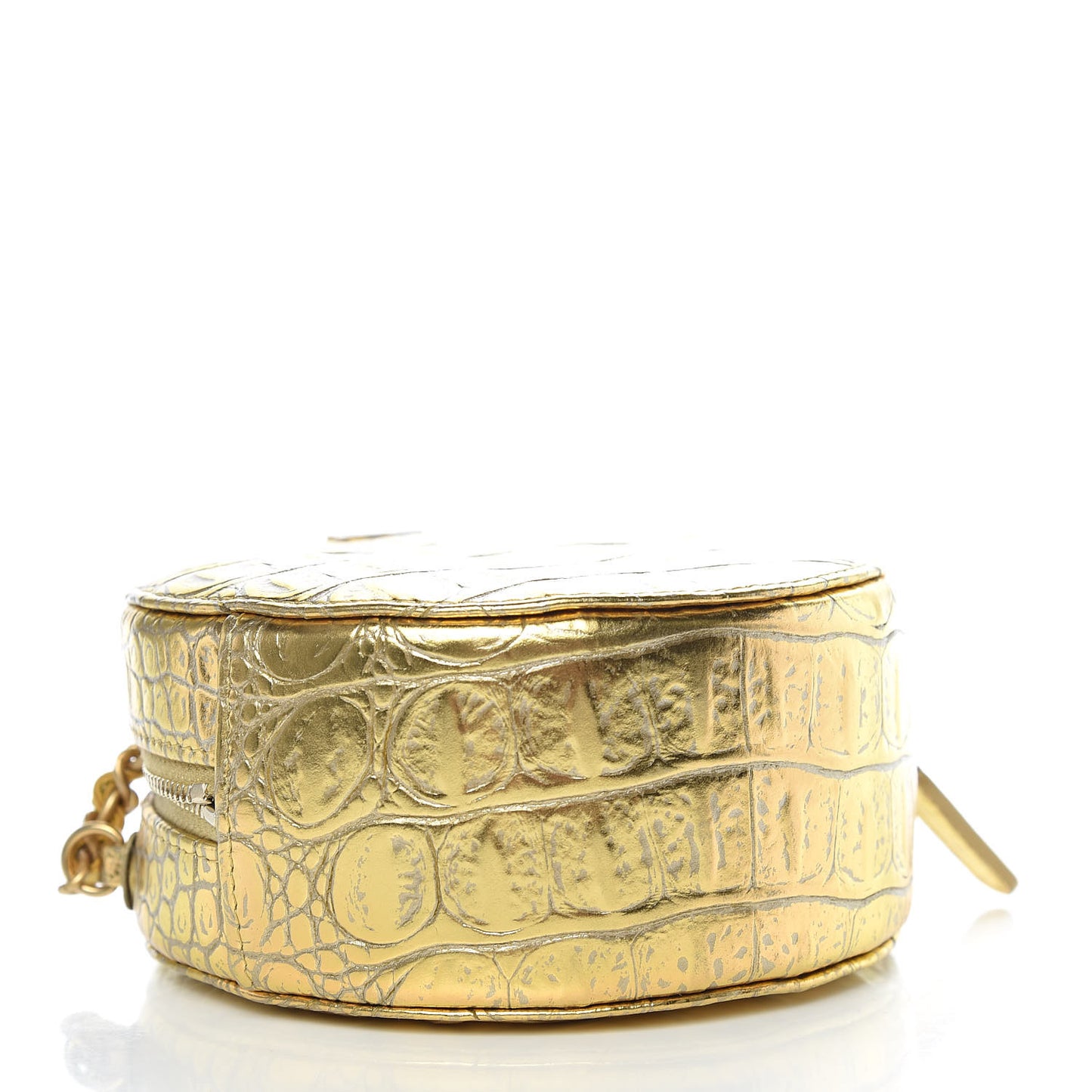 Metallic Calfskin Crocodile Embossed Cocodile Round Clutch with Chain Gold
