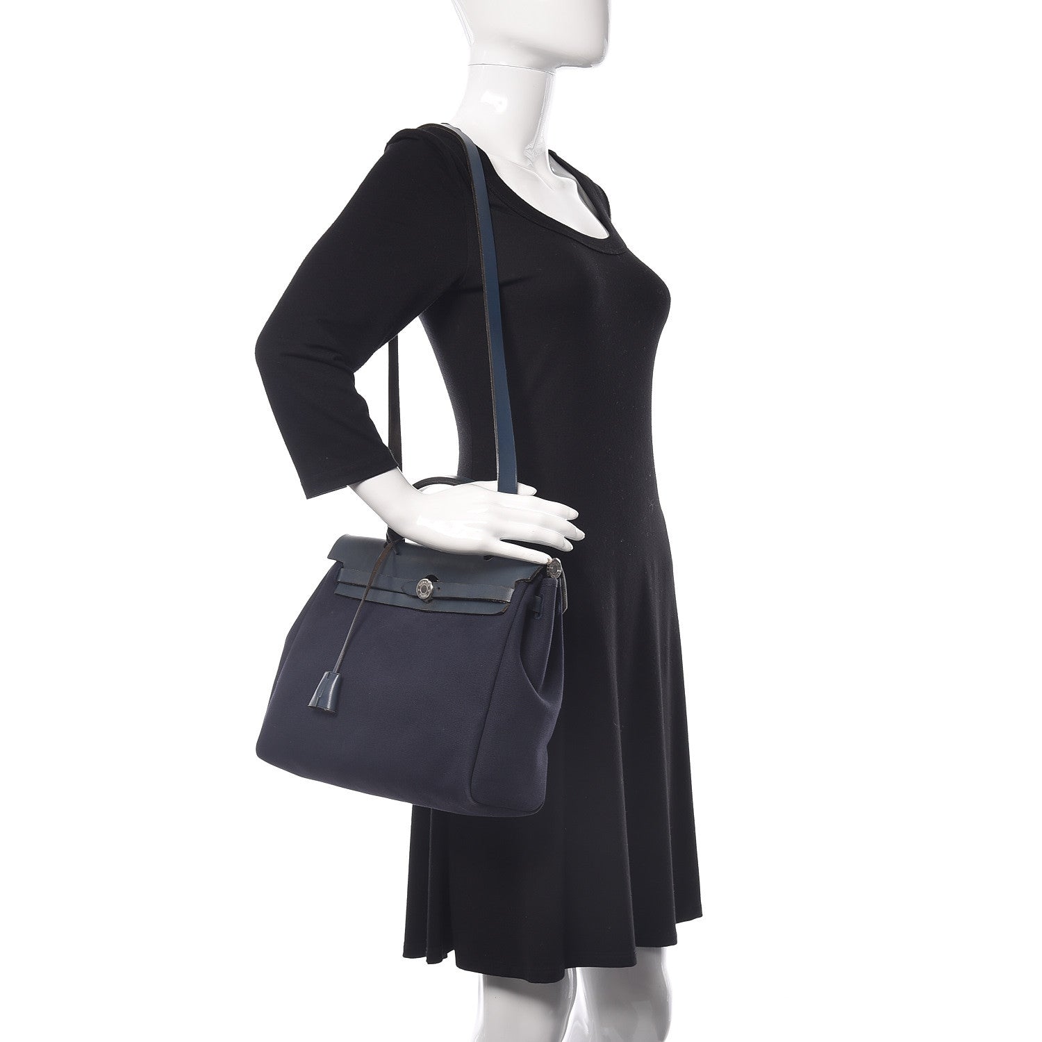 Hermes Toile Vache Calfskin Herbag 30 PM Navy Bleu Natural 2 of 20
