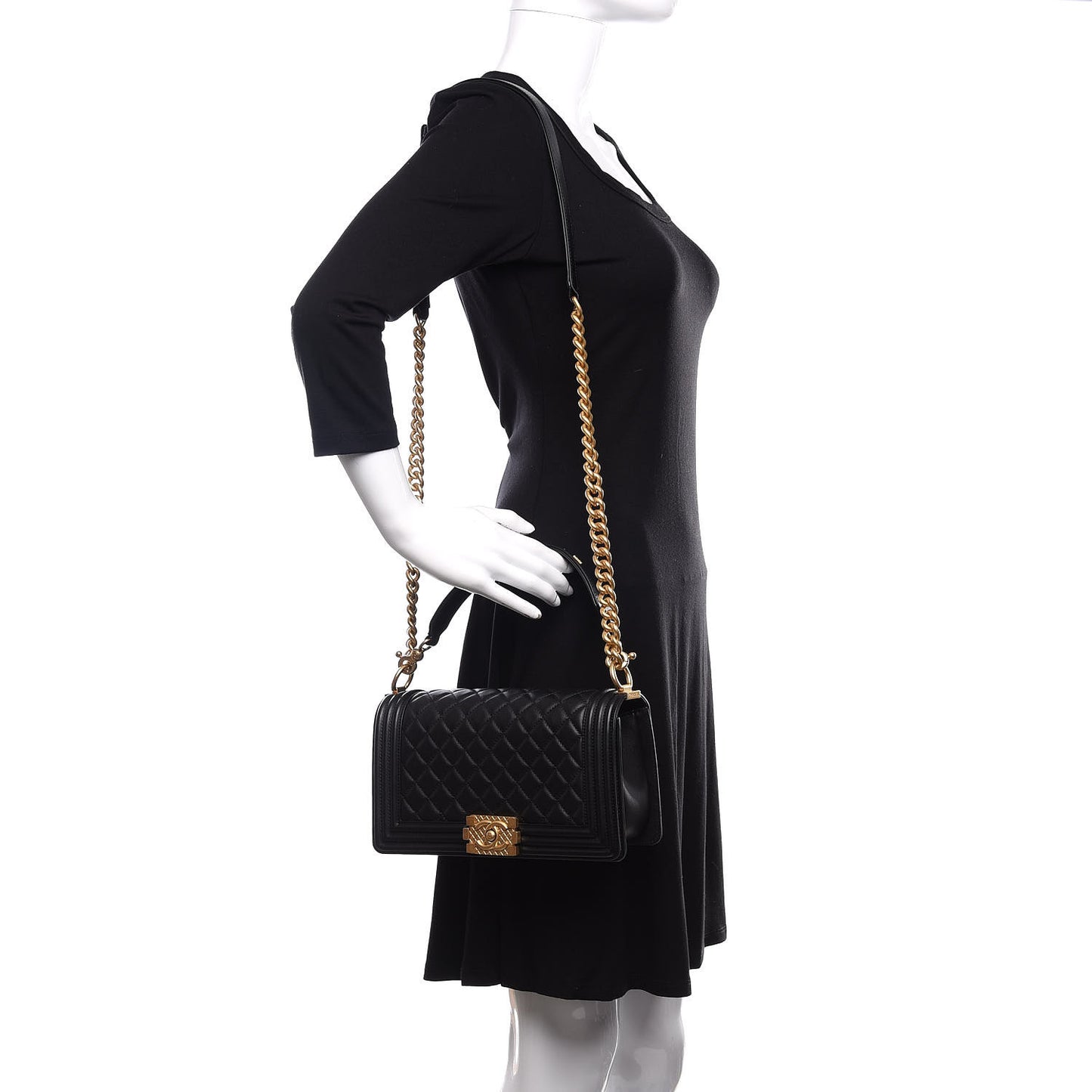 Lambskin Quilted Medium Boy Top Handle Flap Black