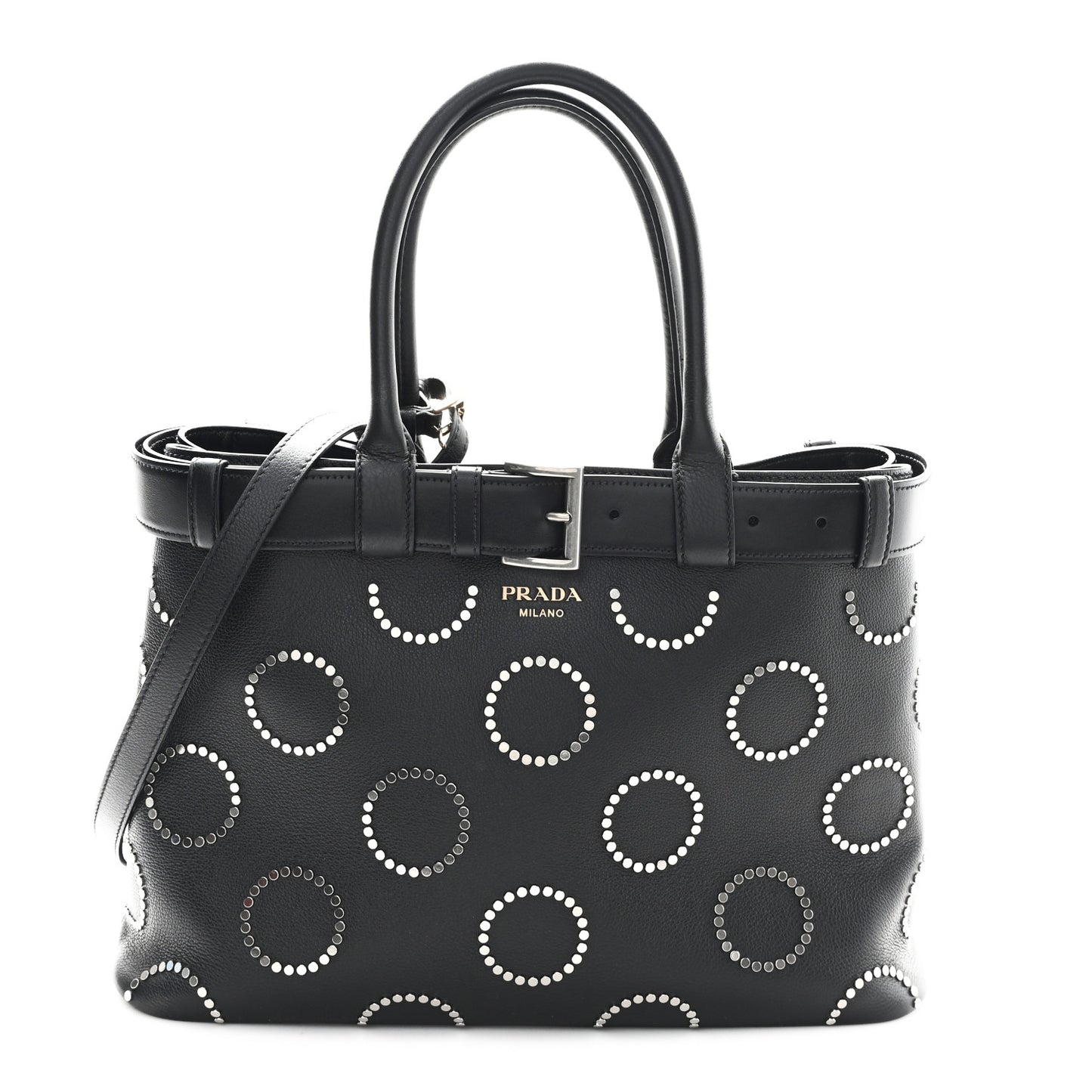 Soft Grain Calfskin Studded Large Buckle Bag With Belt Black