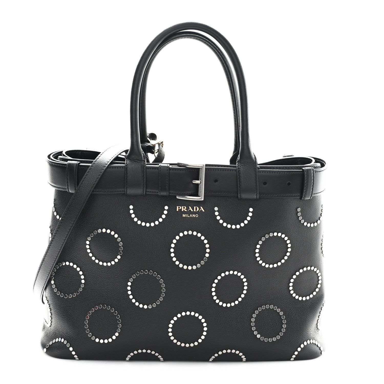 Prada Soft Grain Calfskin Studded Large Buckle Bag With Belt Black 1 of 9