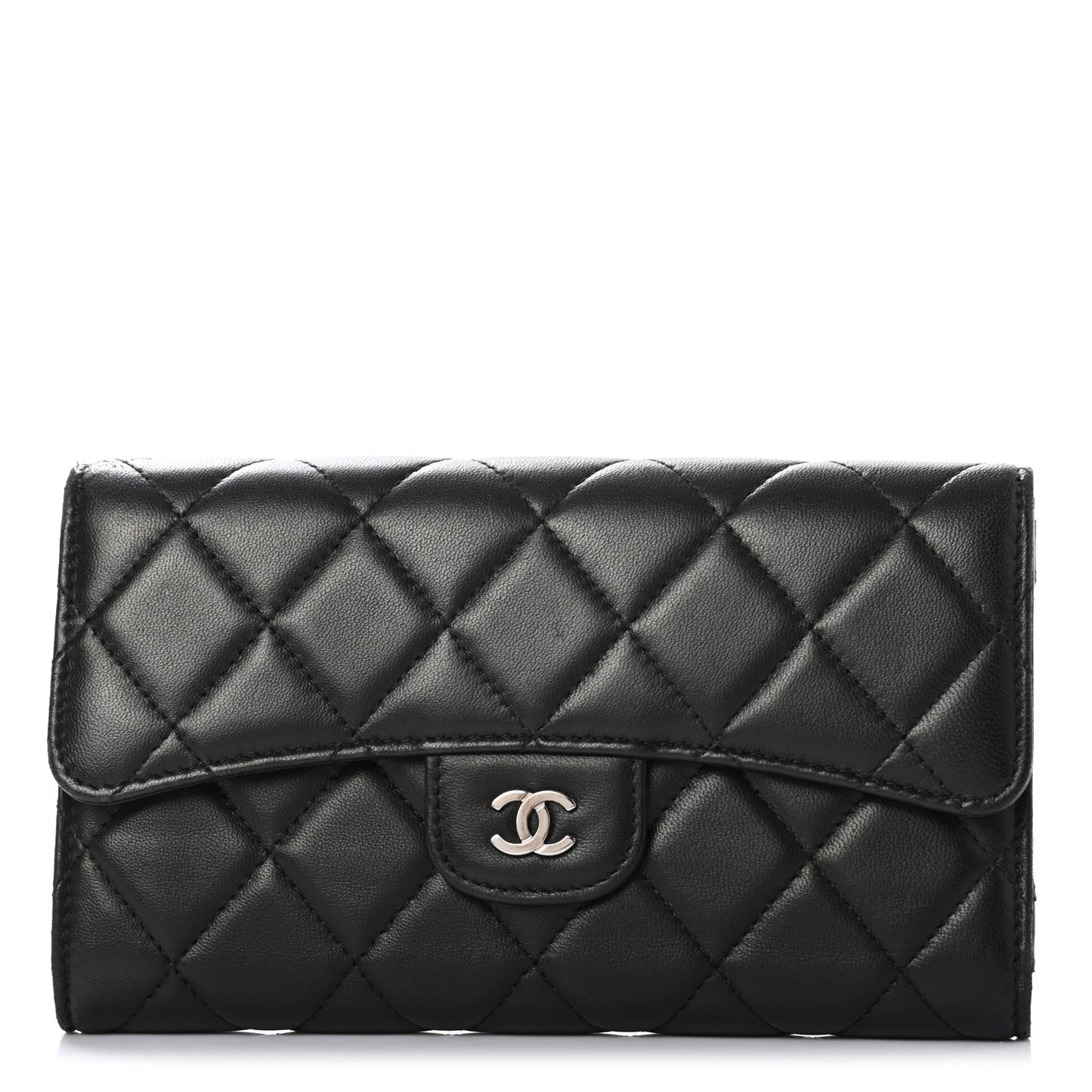 Lambskin Quilted Large Gusset Flap Wallet Black