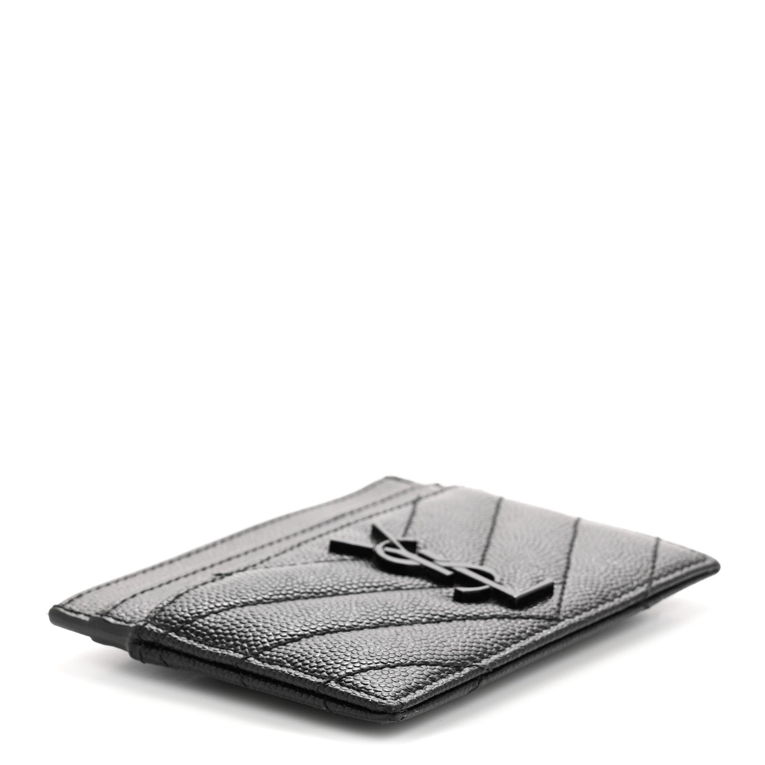 Saint Laurent Grain De Poudre Matelasse Chevron Monochrome Monogram Credit Card Case Black 4 of 10