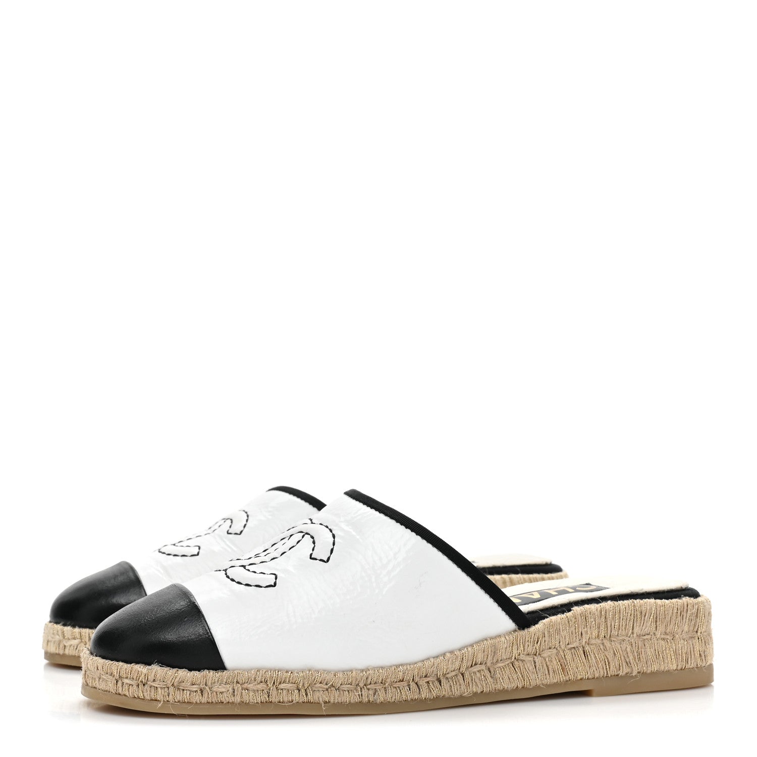 Chanel Crumpled Goatskin CC Espadrille Mules 35 White Black 3 of 10