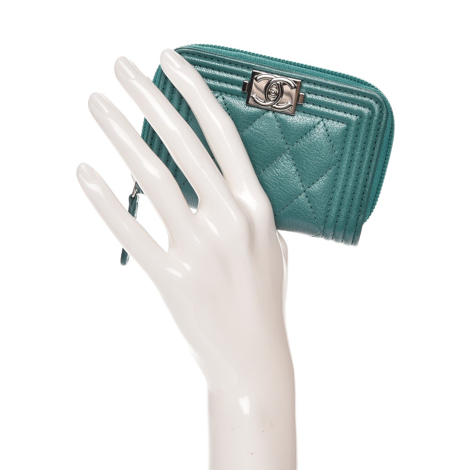 Chanel Metallic Goatskin Quilted Boy Zip Around Coin Purse Wallet Turquoise 2 of 8