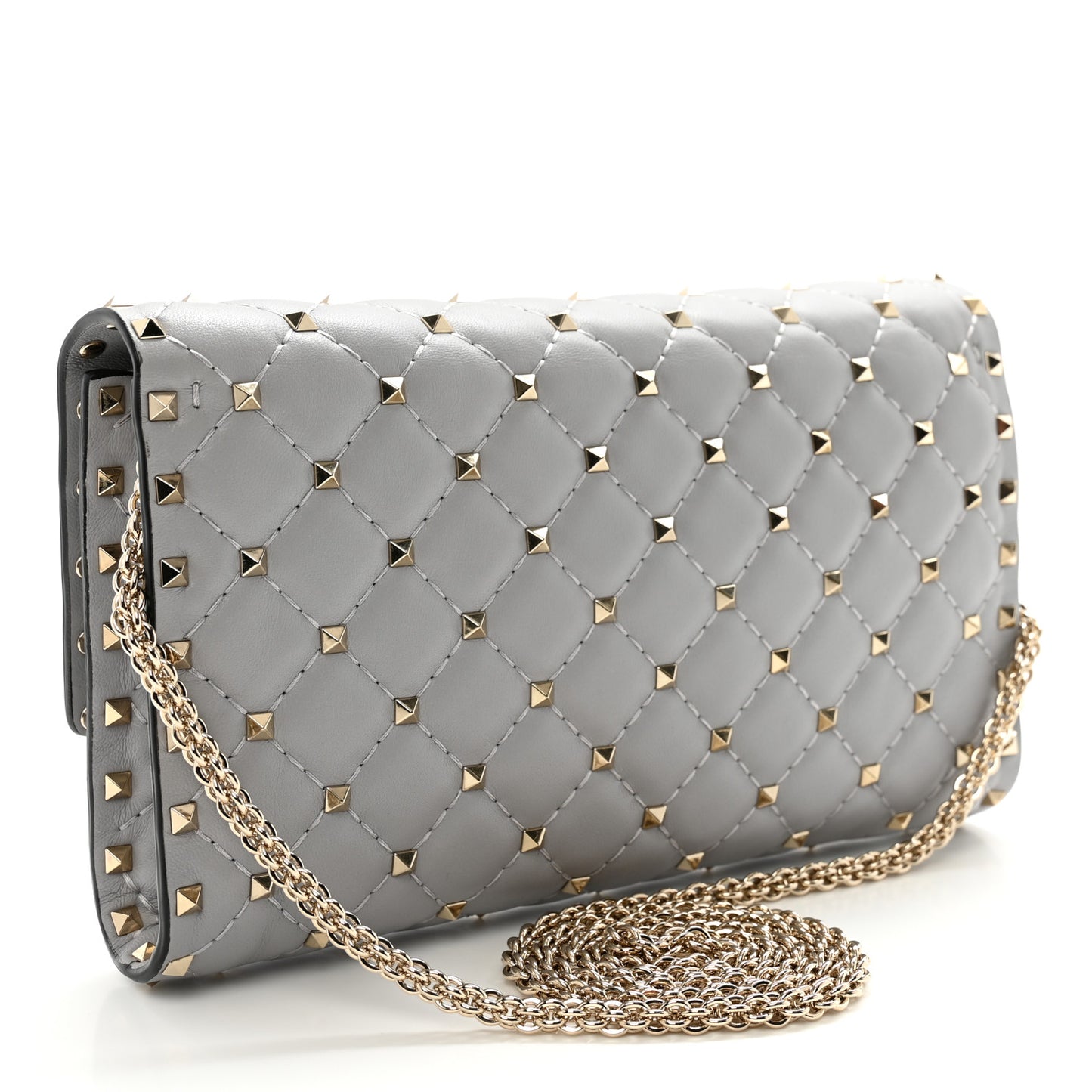 Lambskin Rockstud Spike Wallet on Chain Grey