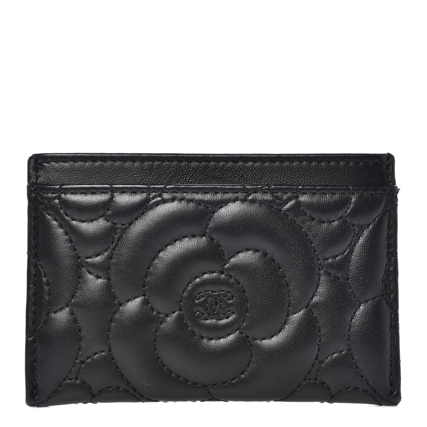 Lambskin Camellia Embossed Card Holder Black