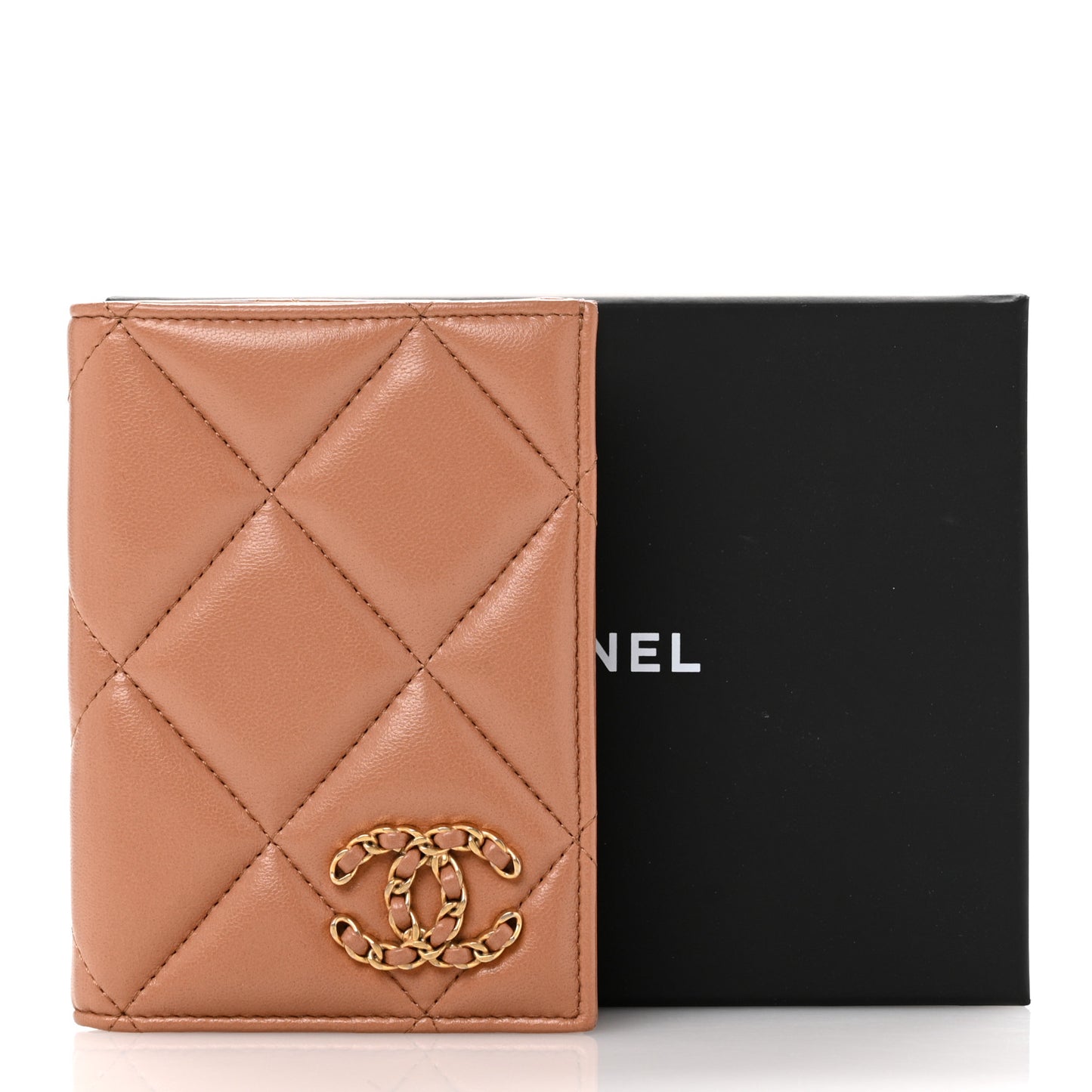 Lambskin Quilted Chanel 19 Passport Holder Brown