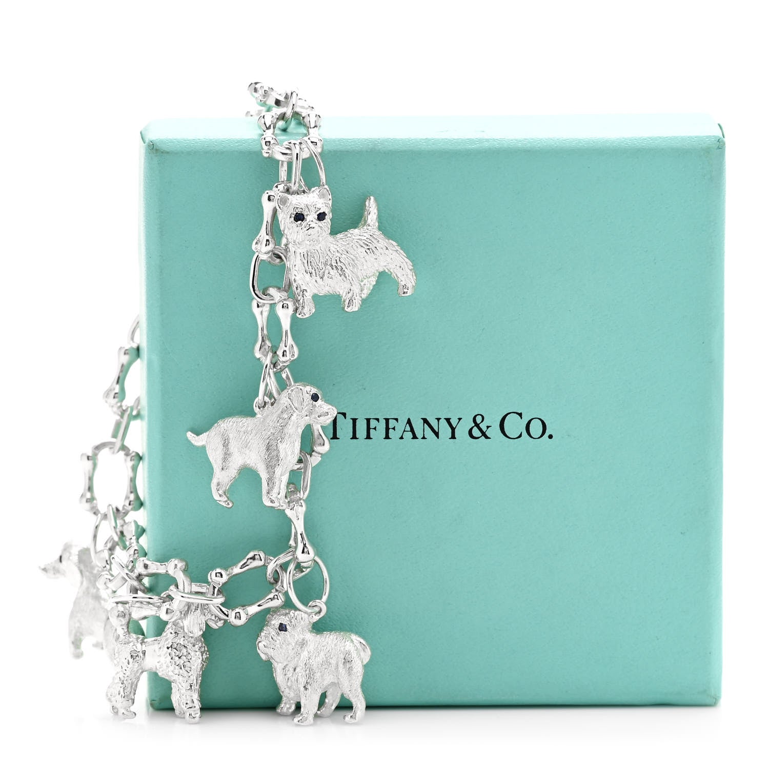 Tiffany Sterling Silver Five Dog Charm Bone Link Bracelet 1286391