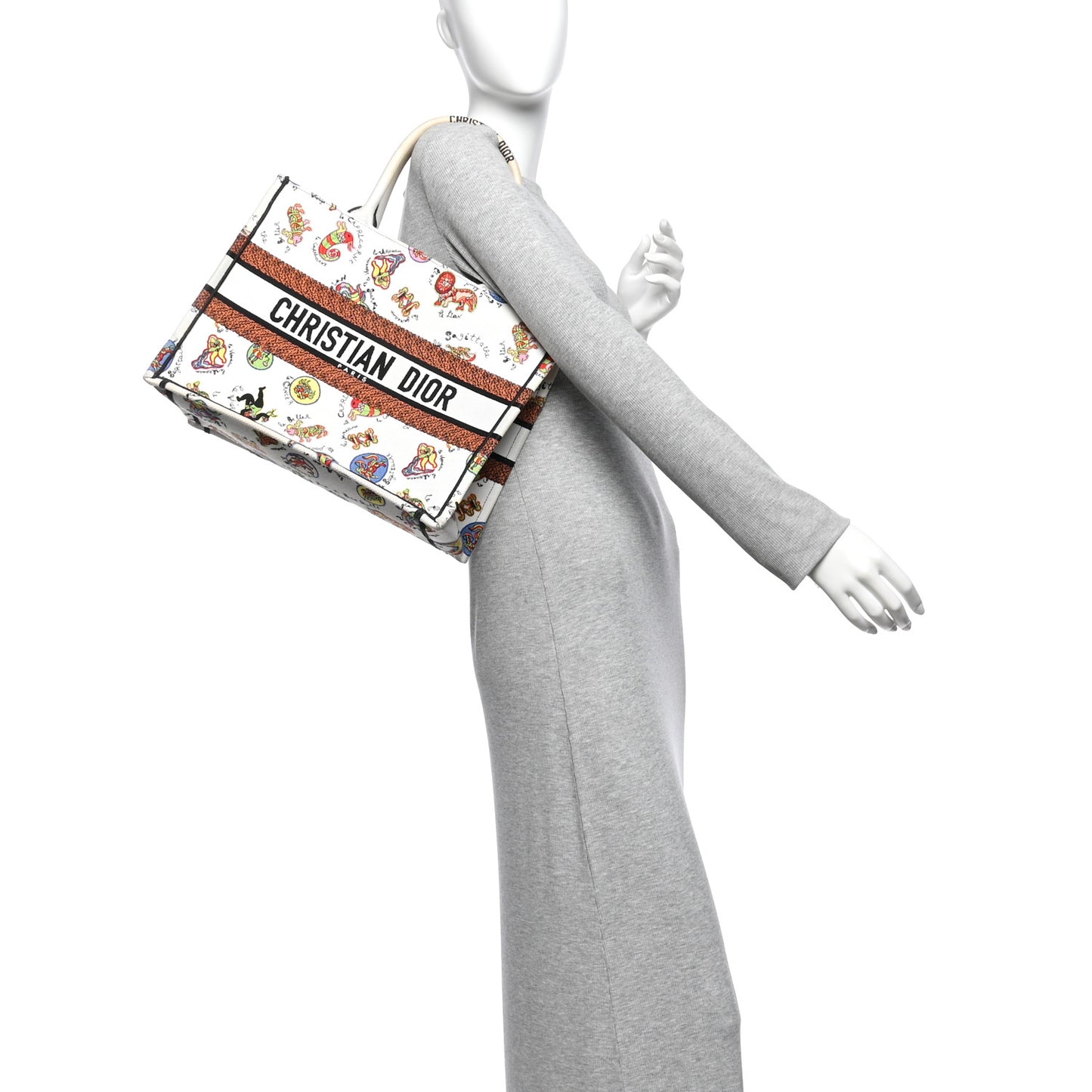 Canvas Embroidered Dragon Zodiac Medium Book Tote White Multicolor