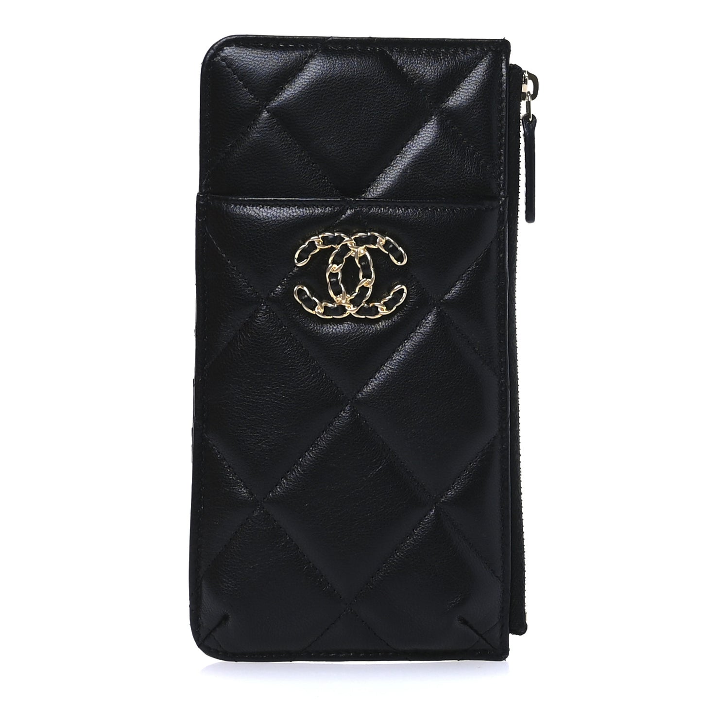 Shiny Goatskin Quilted Chanel 19 Flat Wallet Pouch Black