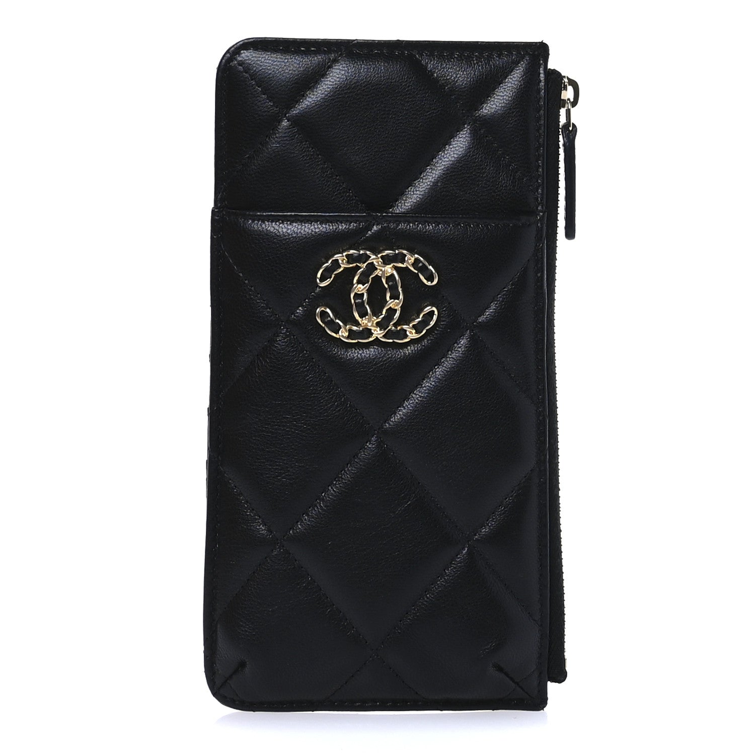 Chanel Shiny Goatskin Quilted Chanel 19 Flat Wallet Pouch Black 1 of 8