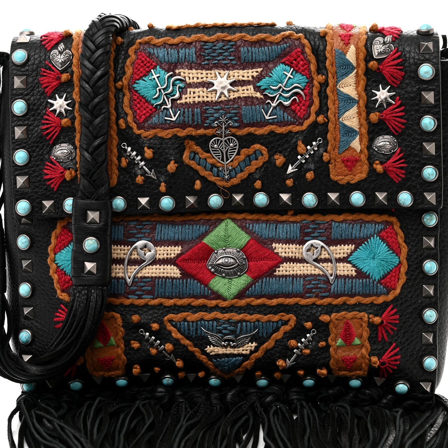 Valentino Garavani Pebbled Calfskin Embroidered Rockstud Rolling Fringe Messenger Black 7 of 15