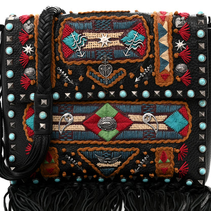 Valentino Garavani Pebbled Calfskin Embroidered Rockstud Rolling Fringe Messenger Black 7 of 15
