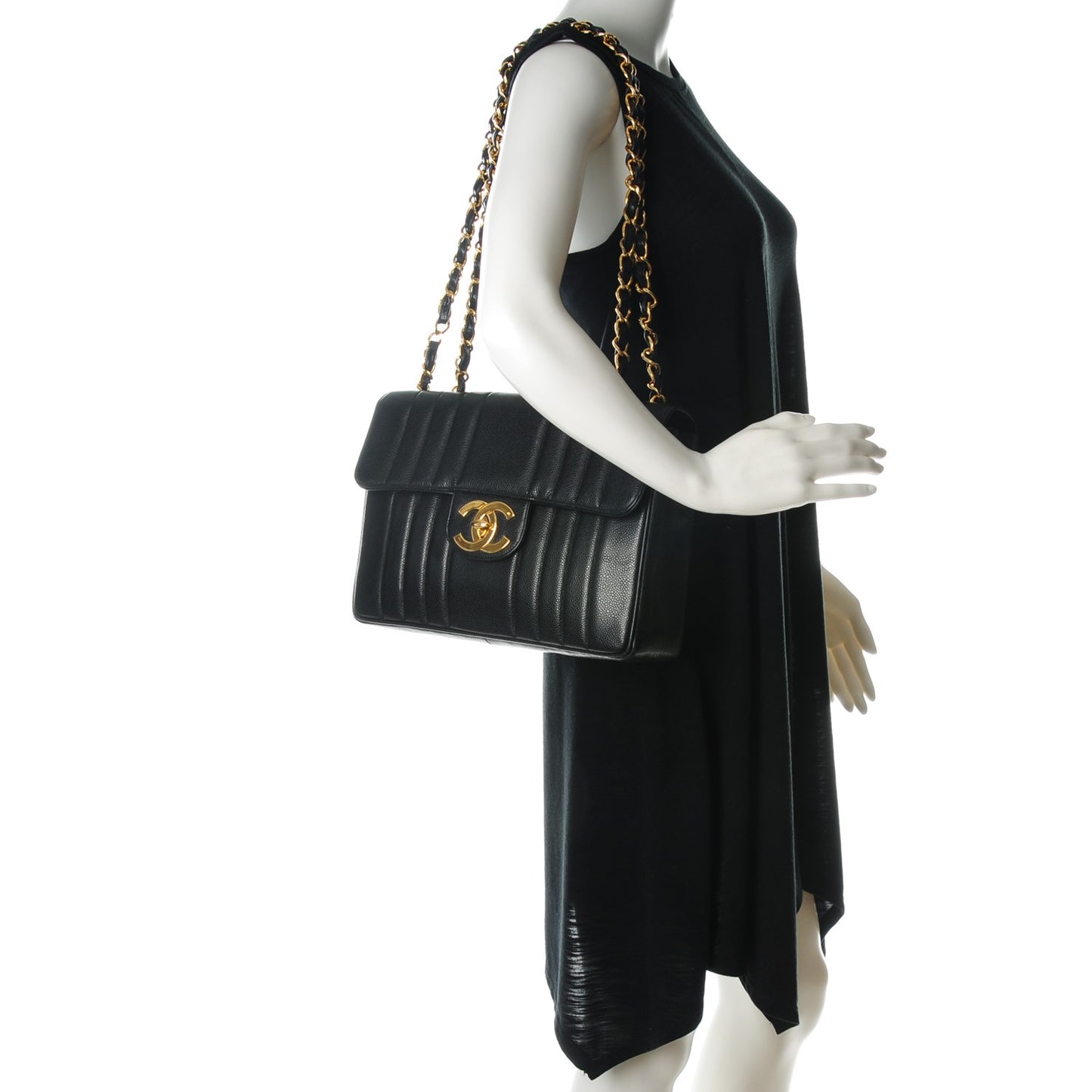 Caviar Vertical Quilted Jumbo Flap Black